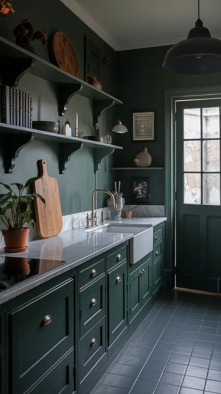 This dark green kitchen embodies dark academia with its moody decor, featuring wooden cabinets, a marble countertop, and vintage accents that create an aesthetic haven.