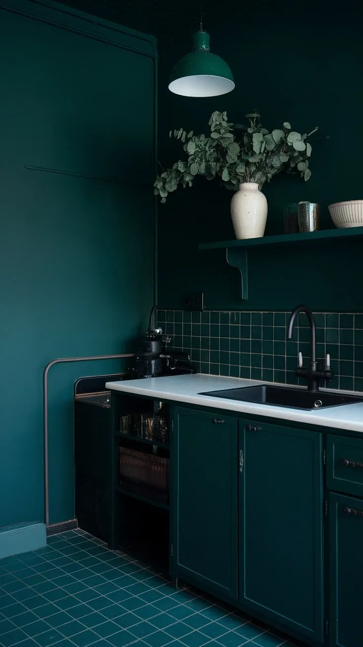 The dark kitchen features a striking dark green wall and elegant white elements, perfectly capturing the essence of dark academia interior and moody aesthetics.