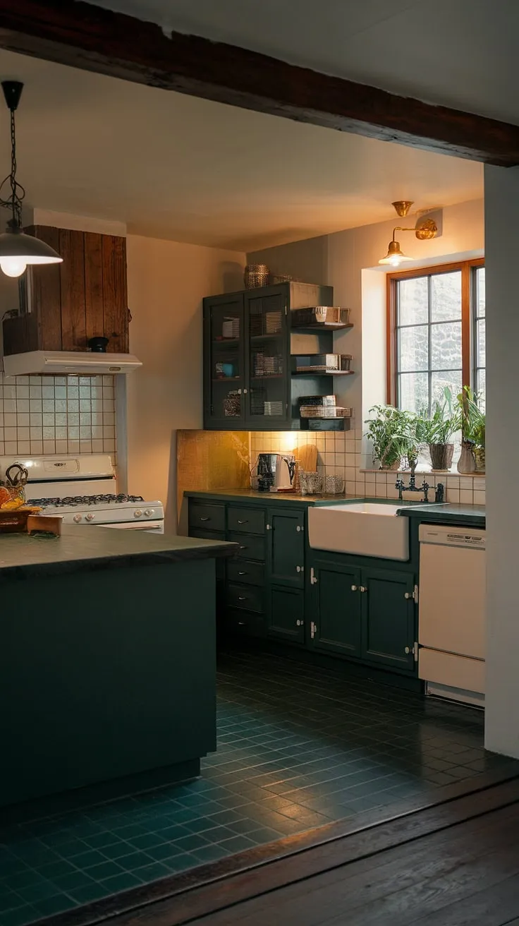 A dark green kitchen featuring dark academia elements and moody decor, with wooden cabinets, a dark green island, and warm lighting, creates an aesthetic haven for dark home decor enthusiasts.