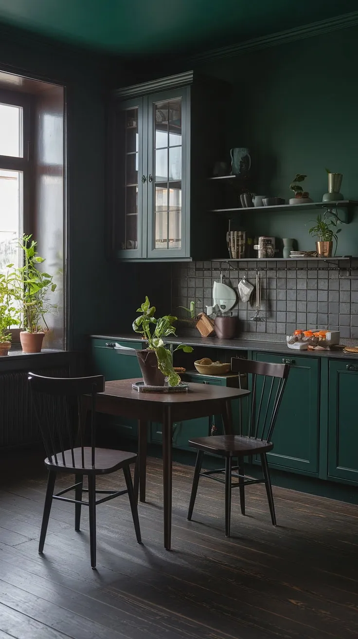 The dark kitchen features rich green walls and cabinets, complemented by a wooden table and potted plants, perfectly capturing the essence of dark academia interior design.