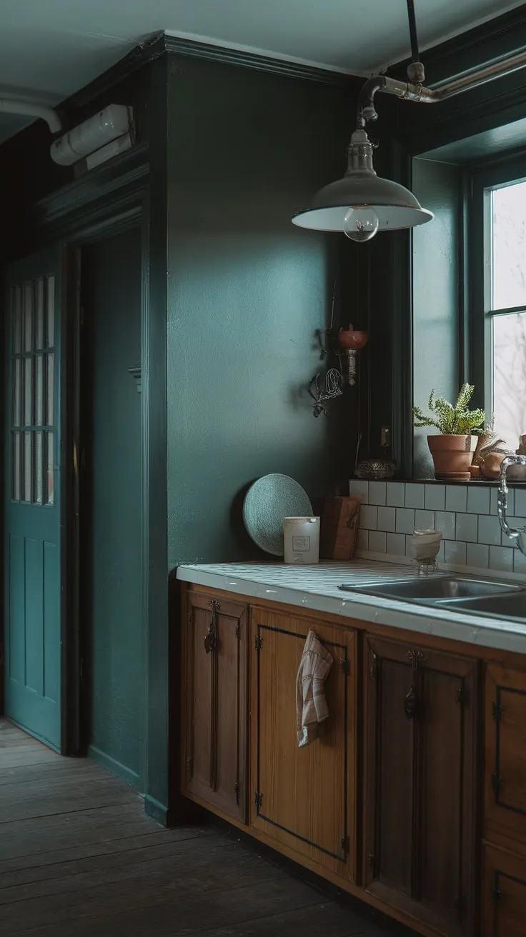 The dark kitchen features a rich green wall and elegant wooden elements, perfectly blending dark academia interior design with an aesthetic kitchen vibe.