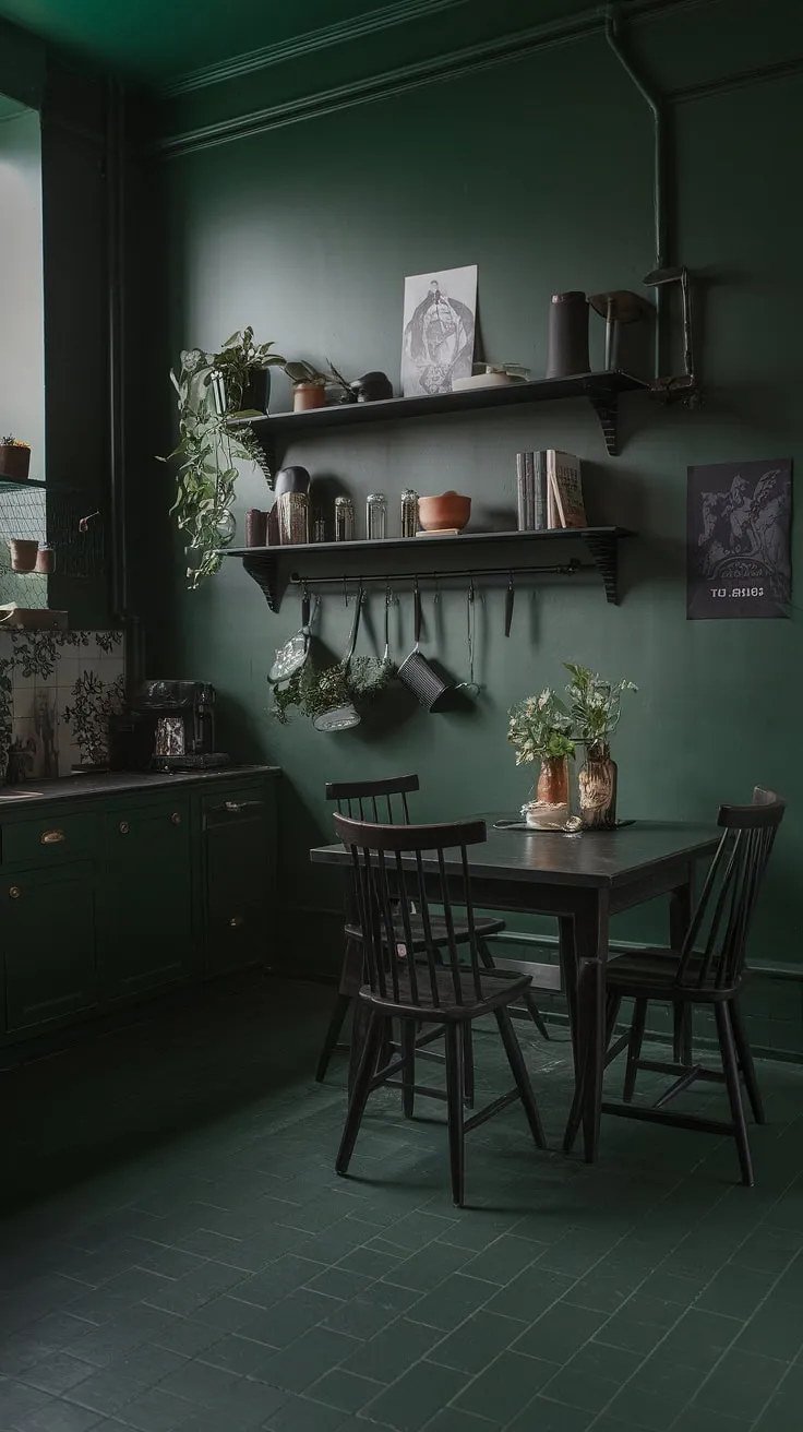 A dark green kitchen exuding dark academia charm features moody decor, a wooden table, and a shelf adorned with plants and books, creating an aesthetic haven for interior design enthusiasts.