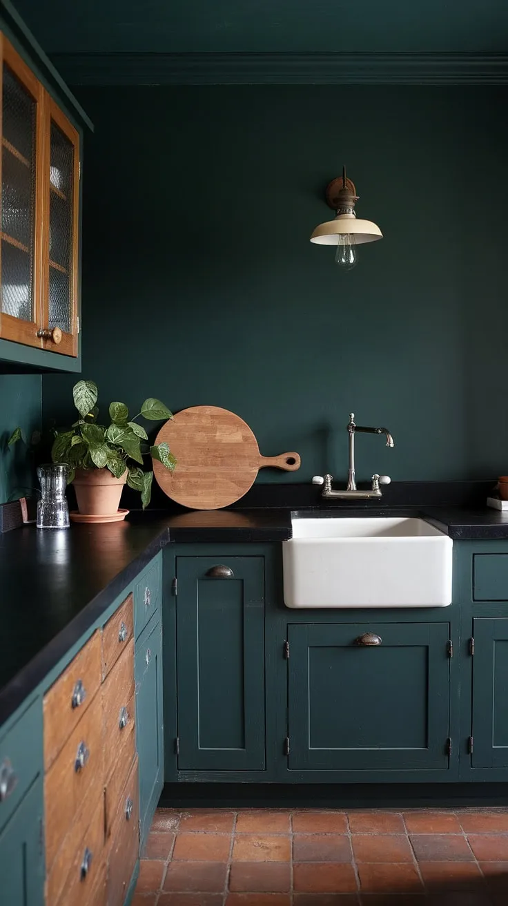 This dark green kitchen embodies a dark academia aesthetic with its wooden cabinets, black countertop, and vintage light fixture, creating a moody interior design that enhances the dark home decor.