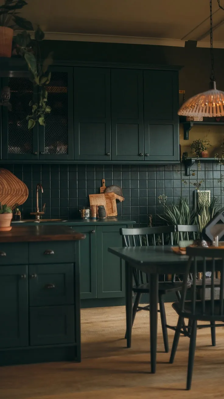 This dark green kitchen embodies dark academia and moody vibes with its rich cabinetry, warm lighting, and stylish decor, creating an aesthetic haven for dark home decor enthusiasts.