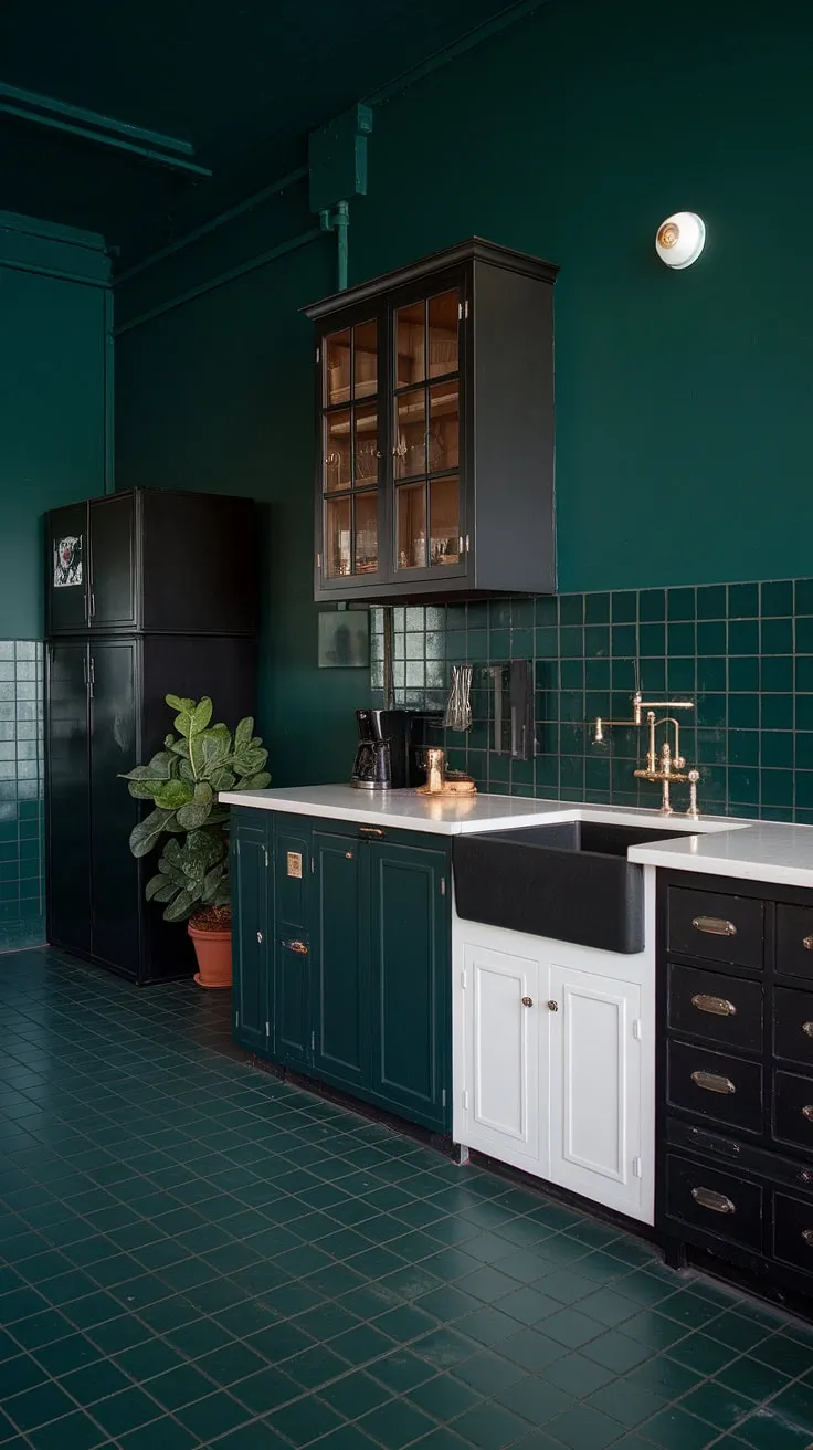 This dark green kitchen embodies a moody dark academia aesthetic with its rich hues, contrasting white countertops, and stylish dark home decor.