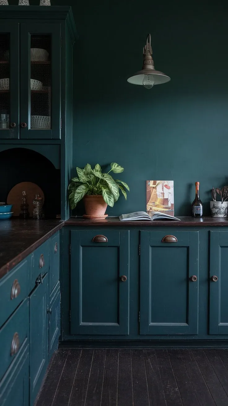 This dark green kitchen embodies dark academia and moody aesthetics with its dark wooden cabinets, vintage lampshade, and dark home decor, creating an inviting aesthetic space.