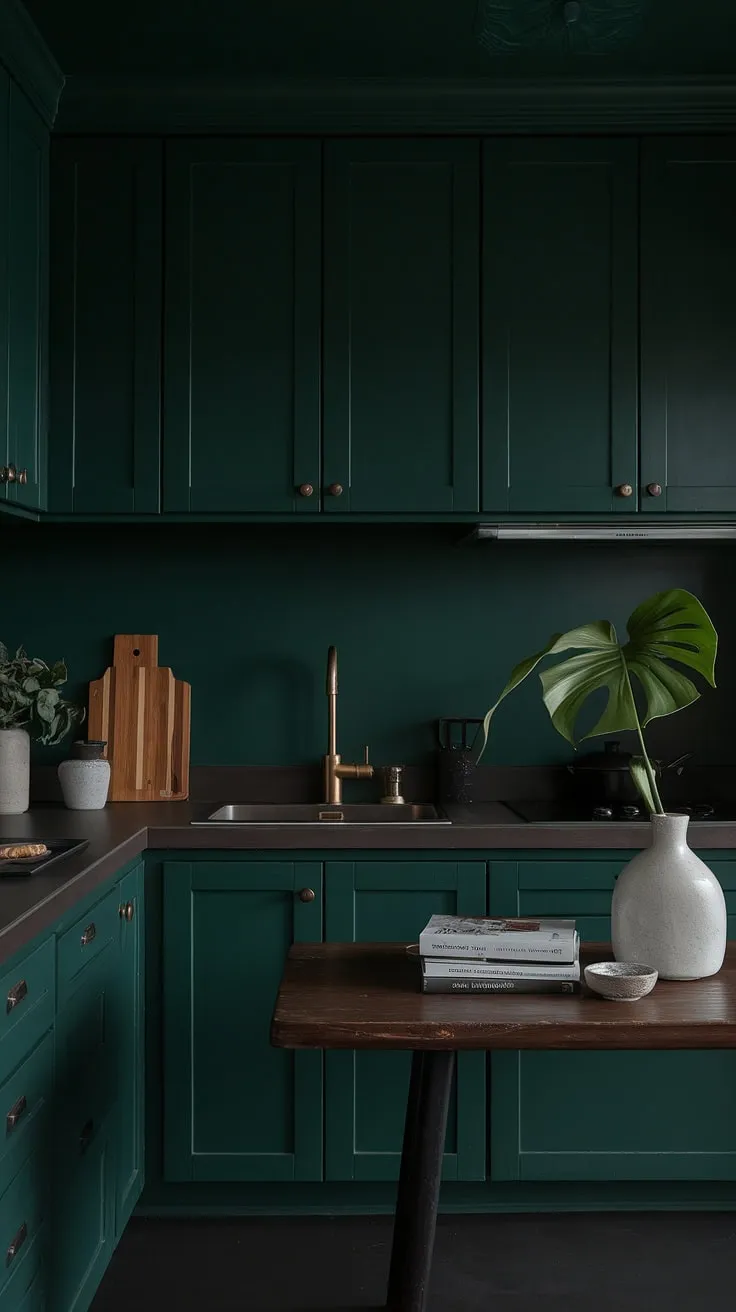 This dark green kitchen embodies dark academia aesthetics with its moody ambiance, featuring dark cabinetry, a wooden table adorned with a white vase and books, creating an inviting dark home decor.