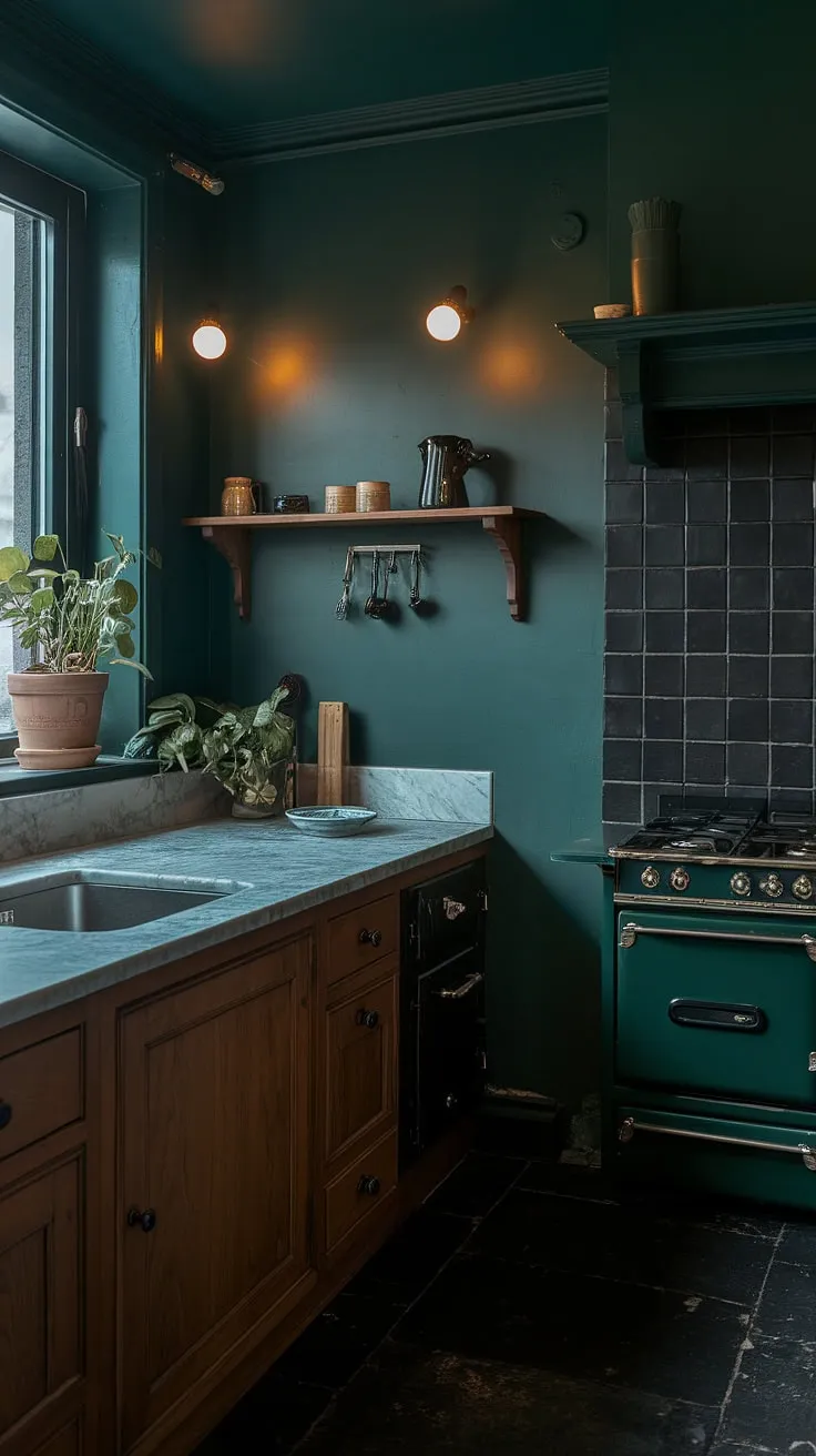 This dark green kitchen embodies dark academia and moody aesthetics with its wooden cabinets, marble countertop, and warm lighting, creating an inviting dark home decor.