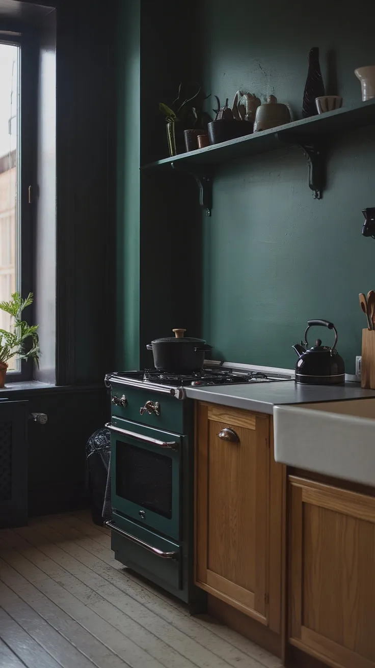 This dark green kitchen embodies dark academia and moody aesthetics with its rich hues, white countertop, and warm wooden accents, creating an inviting dark home decor.