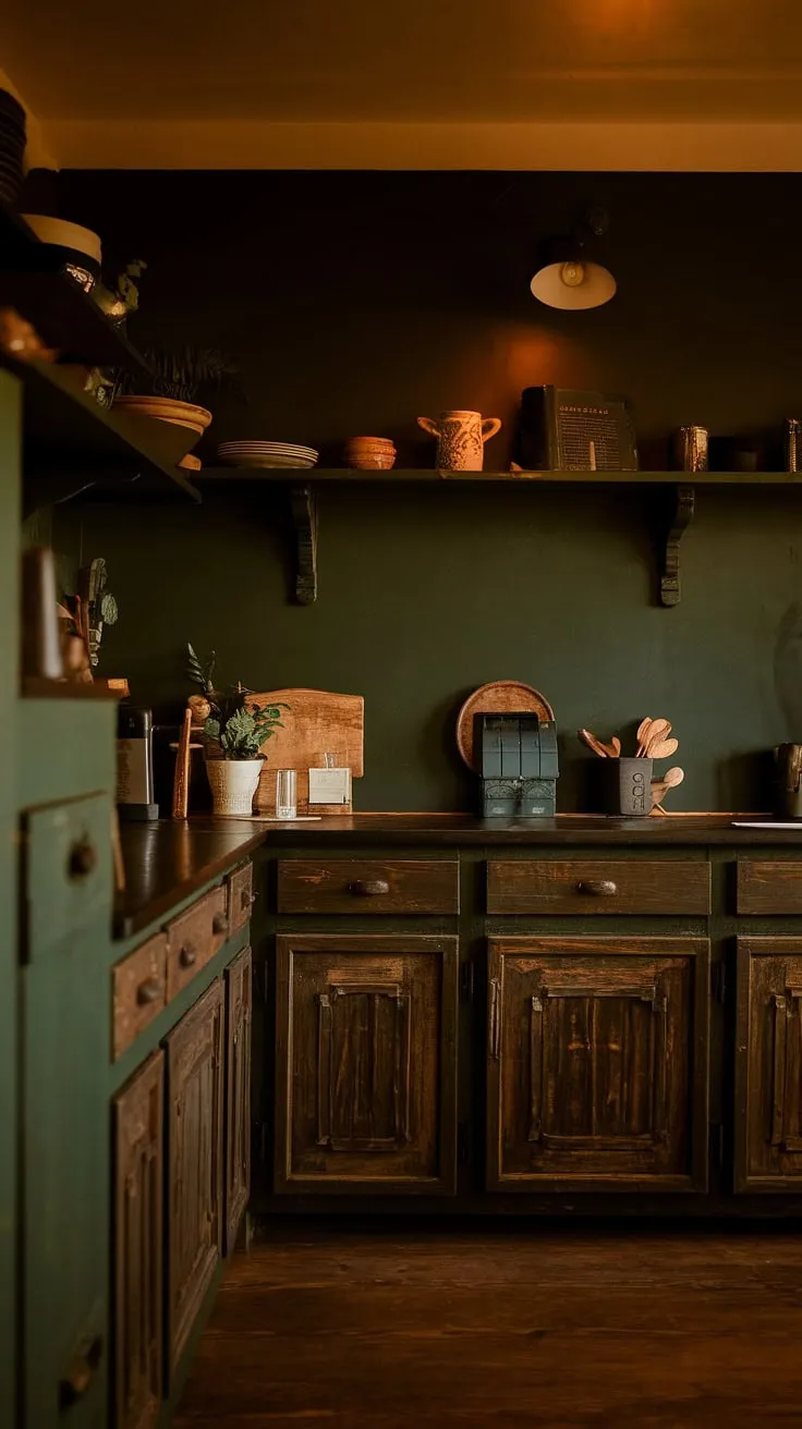A dark green kitchen with wooden cabinets and warm lighting creates a moody dark academia aesthetic, perfect for a cozy dark home decor.