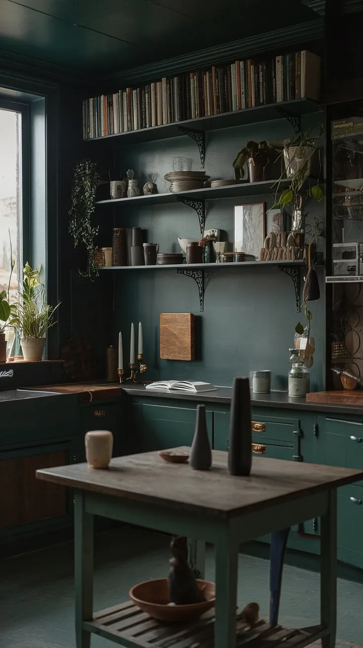 This dark green kitchen embodies a dark academia aesthetic with its moody atmosphere, wooden elements, and carefully curated decor, creating an inviting space for dark home decor enthusiasts.