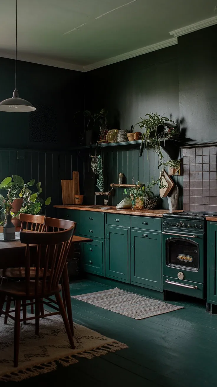 This dark green kitchen embodies a dark academia aesthetic with its moody atmosphere, vintage elements, and cozy decor, creating an inviting space for any dark home decor enthusiast.