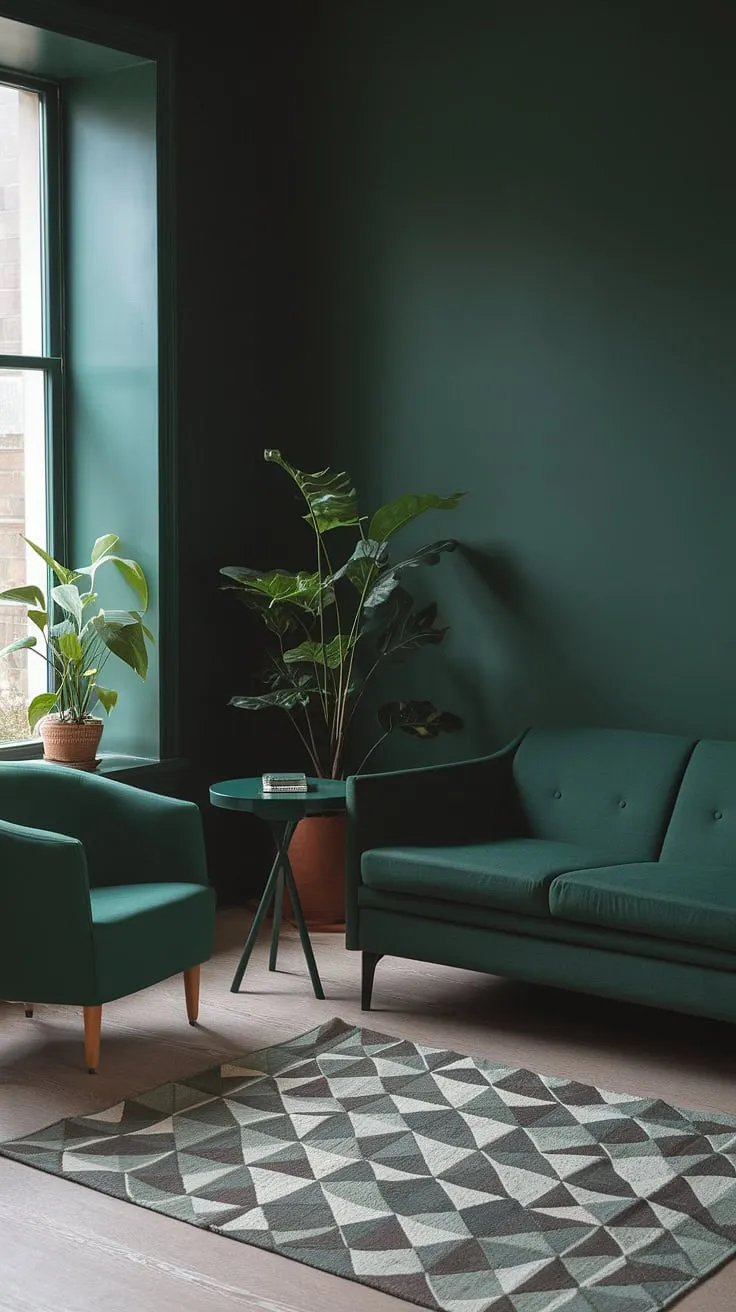 This cozy dark green living room features a dark forest green accent couch, matching furniture, and a geometric rug, creating a stylish goth green atmosphere.