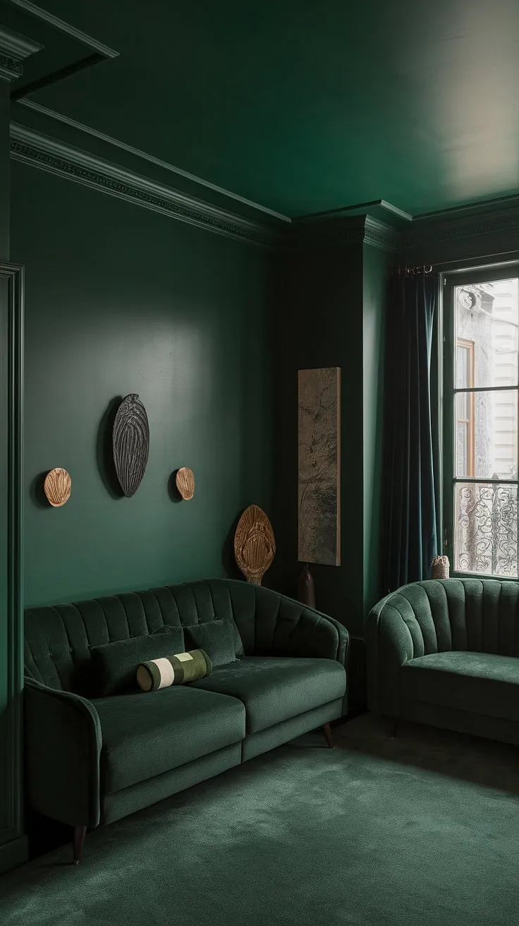 This dark green small living room, adorned with a green accent couch and dark green furniture, exudes a warm and inviting atmosphere.