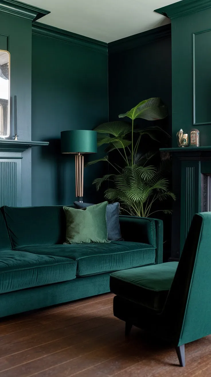 This dark green living room features a cozy dark forest green couch, matching chair, and green accent pillow, all set against a rich dark green wall and complemented by a white mantel and hardwood floors.