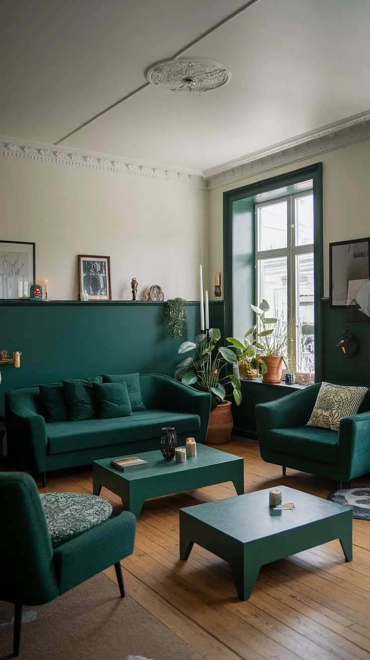 This cozy dark green living room features a dark green sofa, a patterned chair, and a green accent couch, all harmonizing with the white walls and wooden floor to create a stylish goth green retreat.