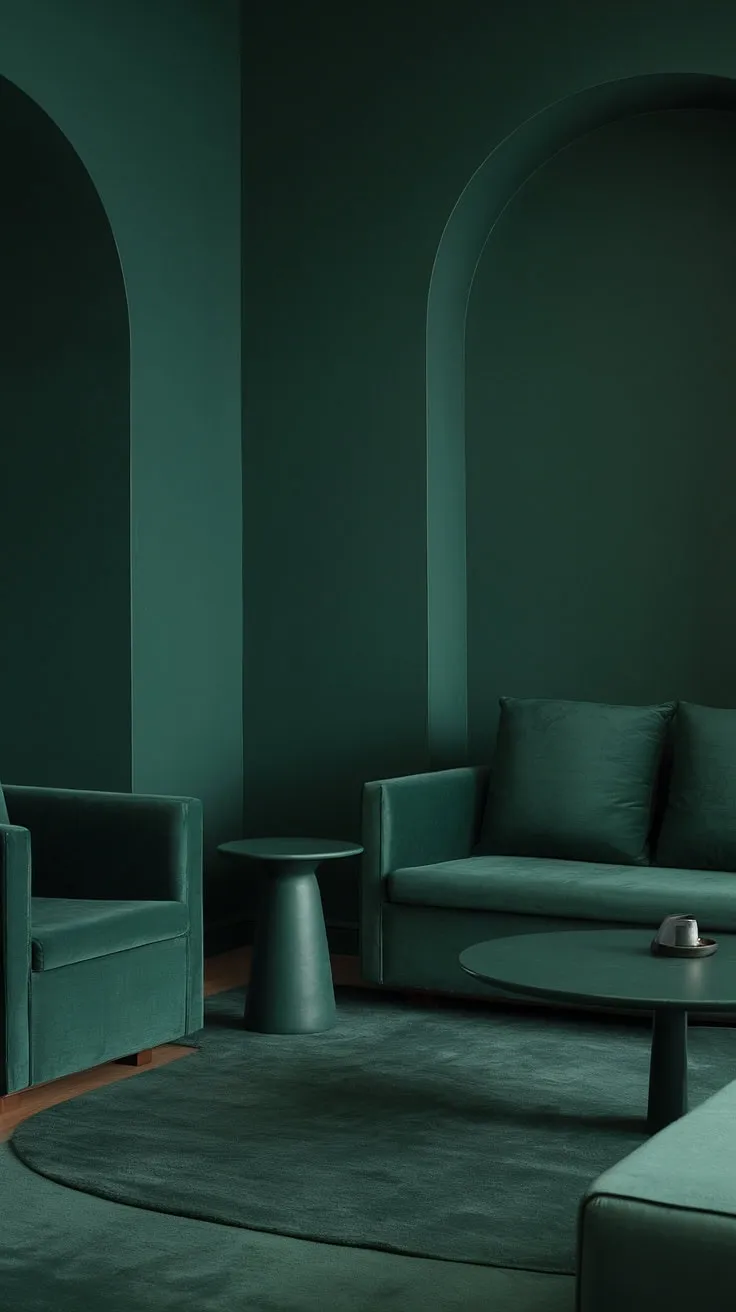 The small dark green living room showcases a dark green rug, walls, and furniture, highlighted by a striking forest green accent couch for a goth-inspired vibe.