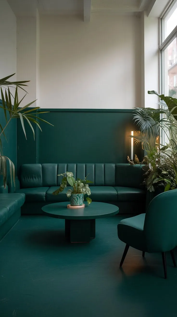 This dark green cozy living room features a dark green couch, chair, and coffee table, complemented by a green accent couch and soft lighting, creating a stylish goth green atmosphere in a small space.