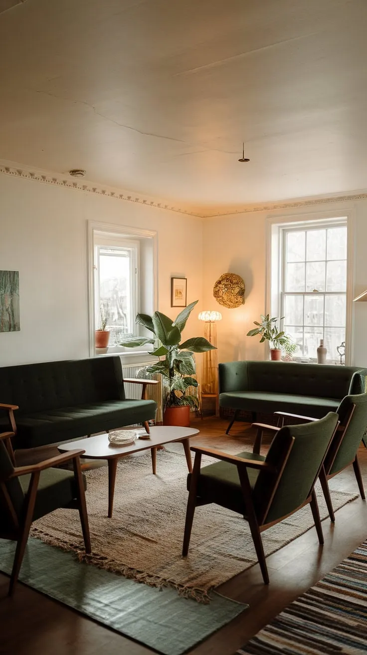 The dark forest green living room is enhanced by a green accent couch and dark green furniture, creating a small yet inviting space filled with warmth and character.