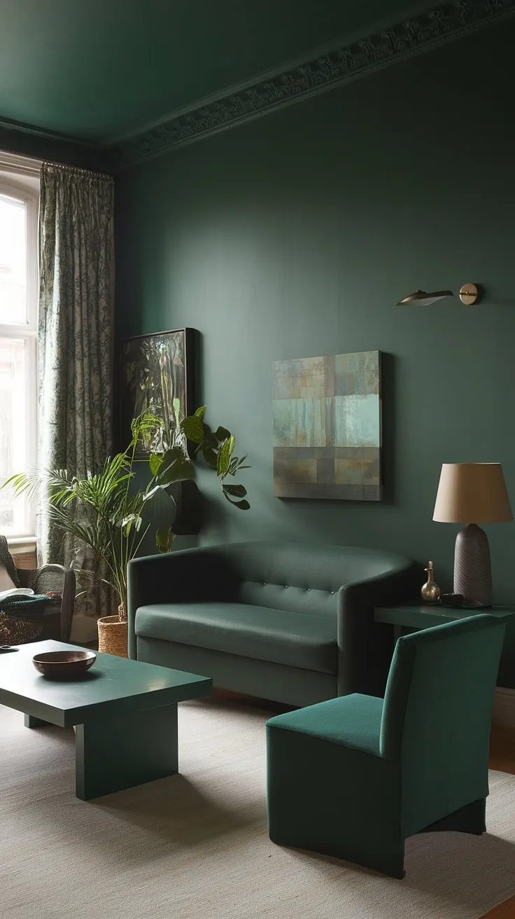 The dark green small living room, adorned with a green accent couch and matching furniture, exudes a warm and inviting goth aesthetic.