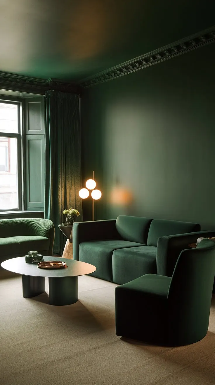 This dark green living room features a cozy atmosphere with a dark green sectional sofa, side chair, coffee table, and a green accent couch, all harmonizing in a small layout with warm lighting.