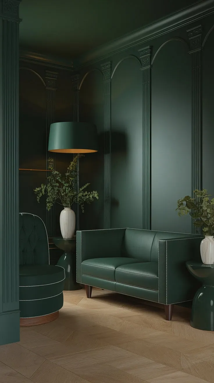 This cozy dark green living room features dark forest green walls and furniture, complemented by a stylish green accent couch and personal touches that create an inviting atmosphere.