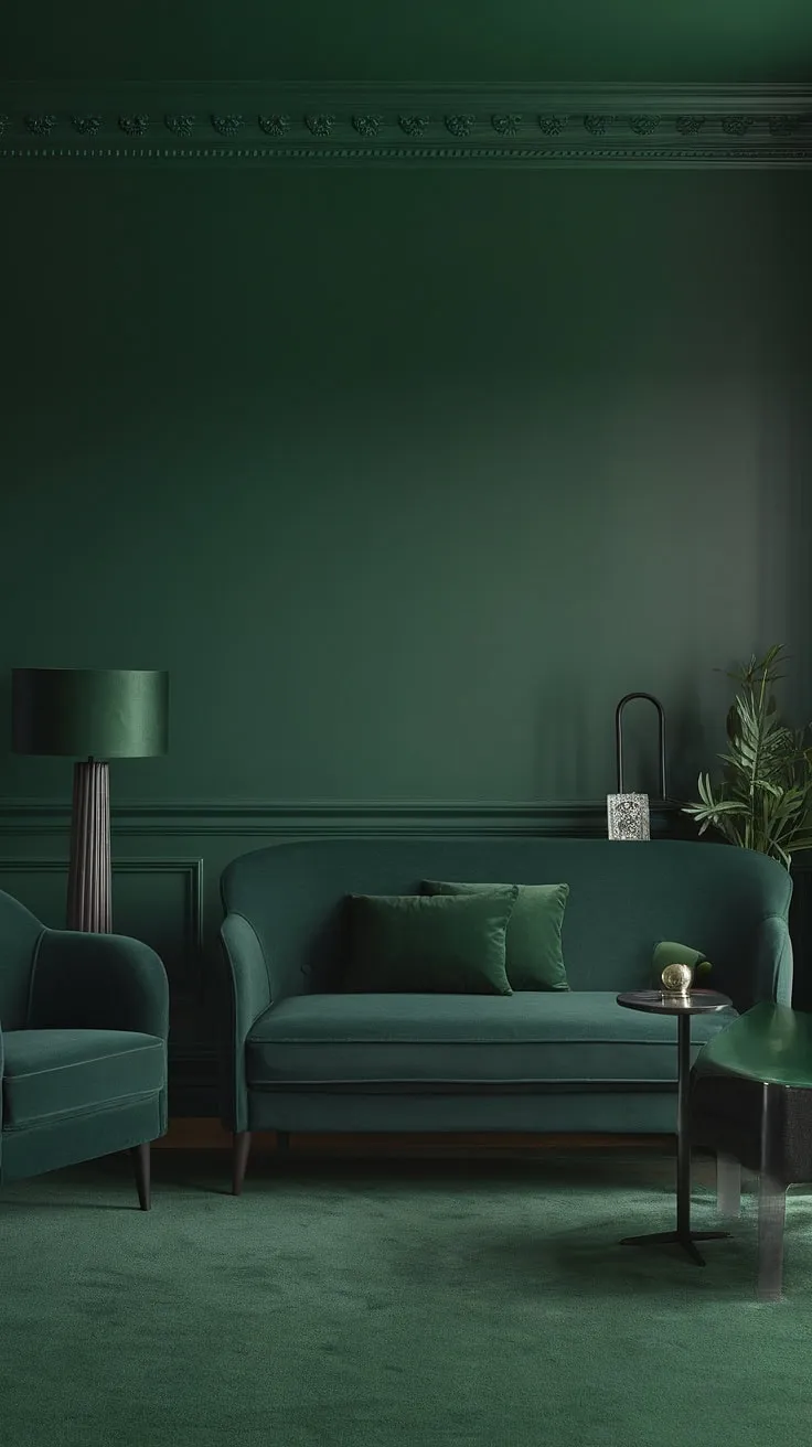 This dark green living room features a cozy layout with dark green furniture, including a green accent couch and armchair, creating a stylish goth green atmosphere.