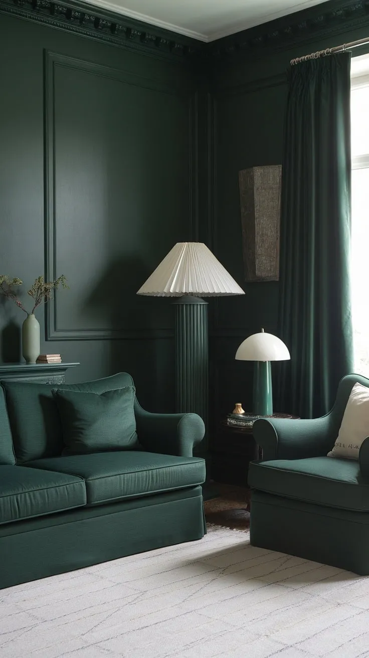 This dark green living room features a cozy dark forest green sofa, matching furniture, and stylish accents that create a chic goth green aesthetic.