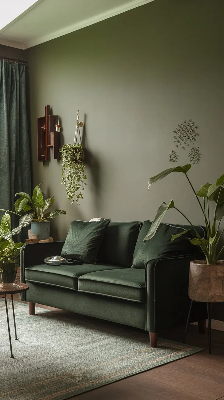 The dark green small living room exudes warmth with its forest green furniture and decorative elements, making it a perfect cozy retreat.
