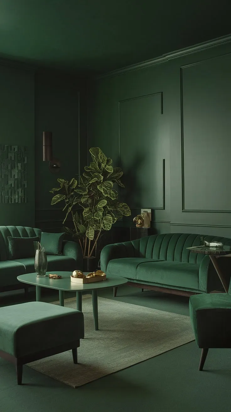 This dark green living room features a cozy atmosphere with a green accent couch, dark green furniture, and soft lighting, creating a stylish goth green aesthetic.