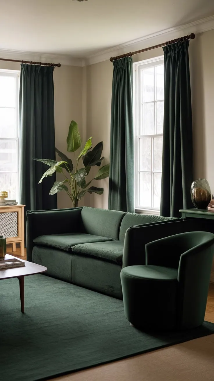 The dark green small living room is adorned with a dark forest green couch and matching furniture, exuding a cozy vibe with its dark green accents and white coffee table.