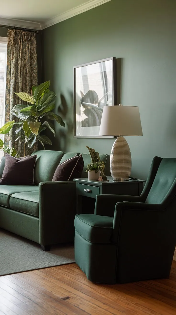 The small dark green living room is enhanced by a green accent couch and dark green furniture, offering a warm and inviting atmosphere.