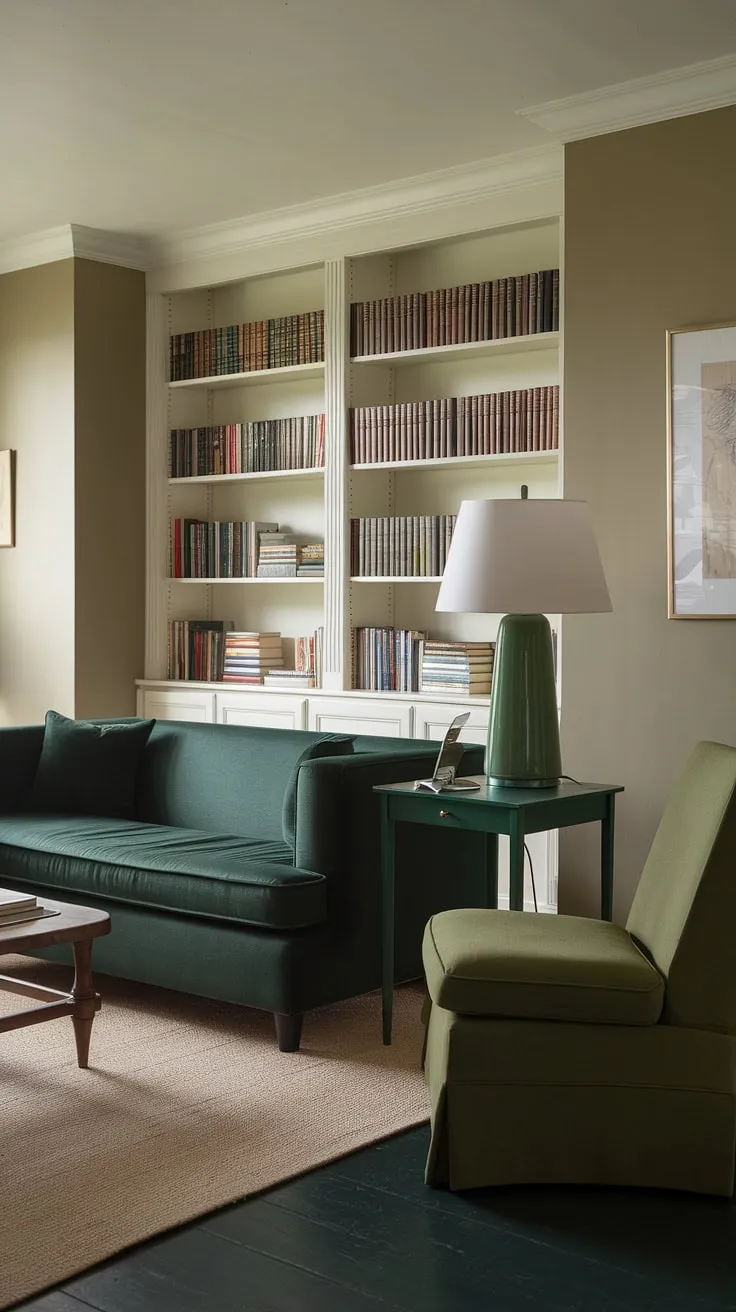 The dark green small living room is enhanced by a green accent couch and a white lamp, offering a warm and inviting atmosphere.