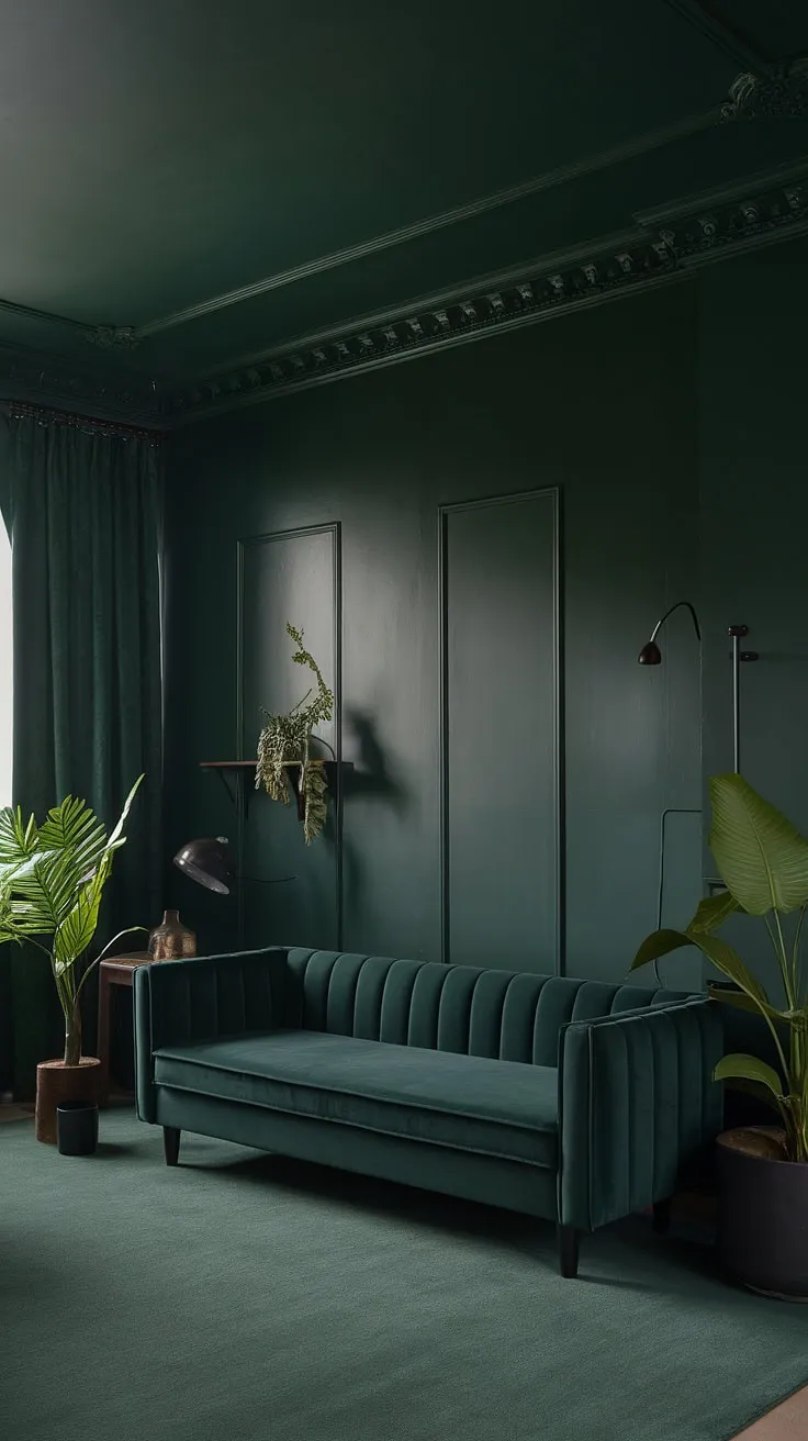 The dark forest green color scheme and carefully chosen dark green living room furniture make this cozy living room an inviting retreat.