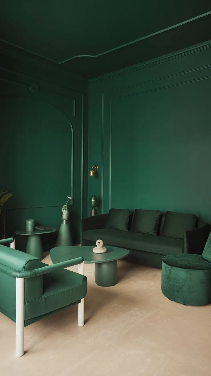 The dark forest green living room showcases a harmonious blend of dark green furniture and a green accent couch, perfect for a cozy and inviting small living area.