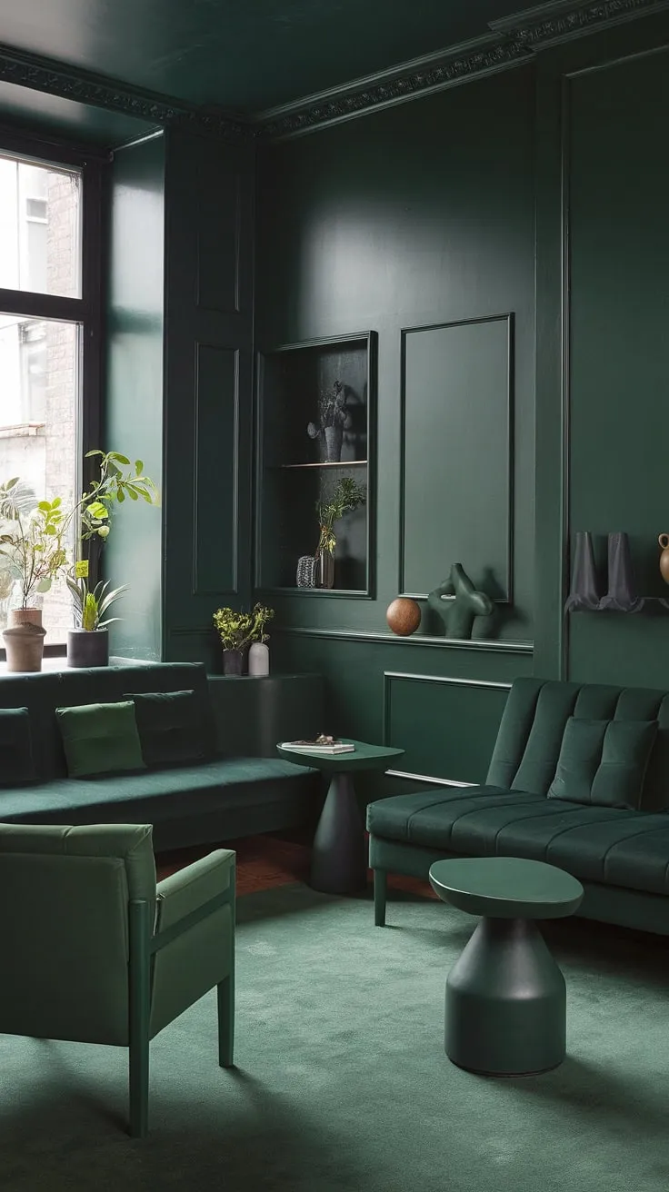 The dark green small living room features a harmonious blend of dark green furniture and a green accent couch, perfect for a cozy and stylish retreat.