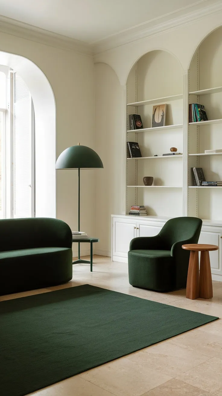 This modern dark green living room features a cozy dark forest green sofa, a stylish green accent chair, and matching decor that creates a chic goth green aesthetic.