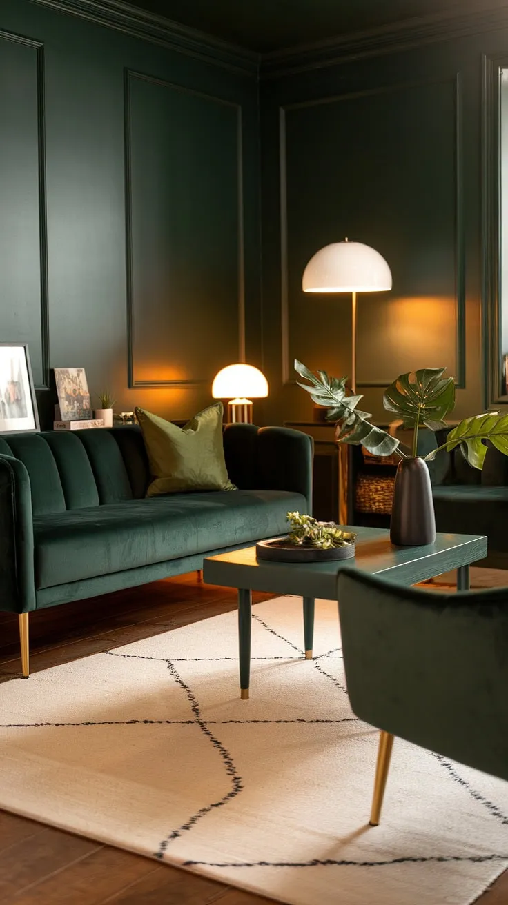 This cozy dark green living room features a dark green sofa with gold legs, a matching chair, and a green accent couch, all set against dark forest green walls that create a goth green aesthetic.