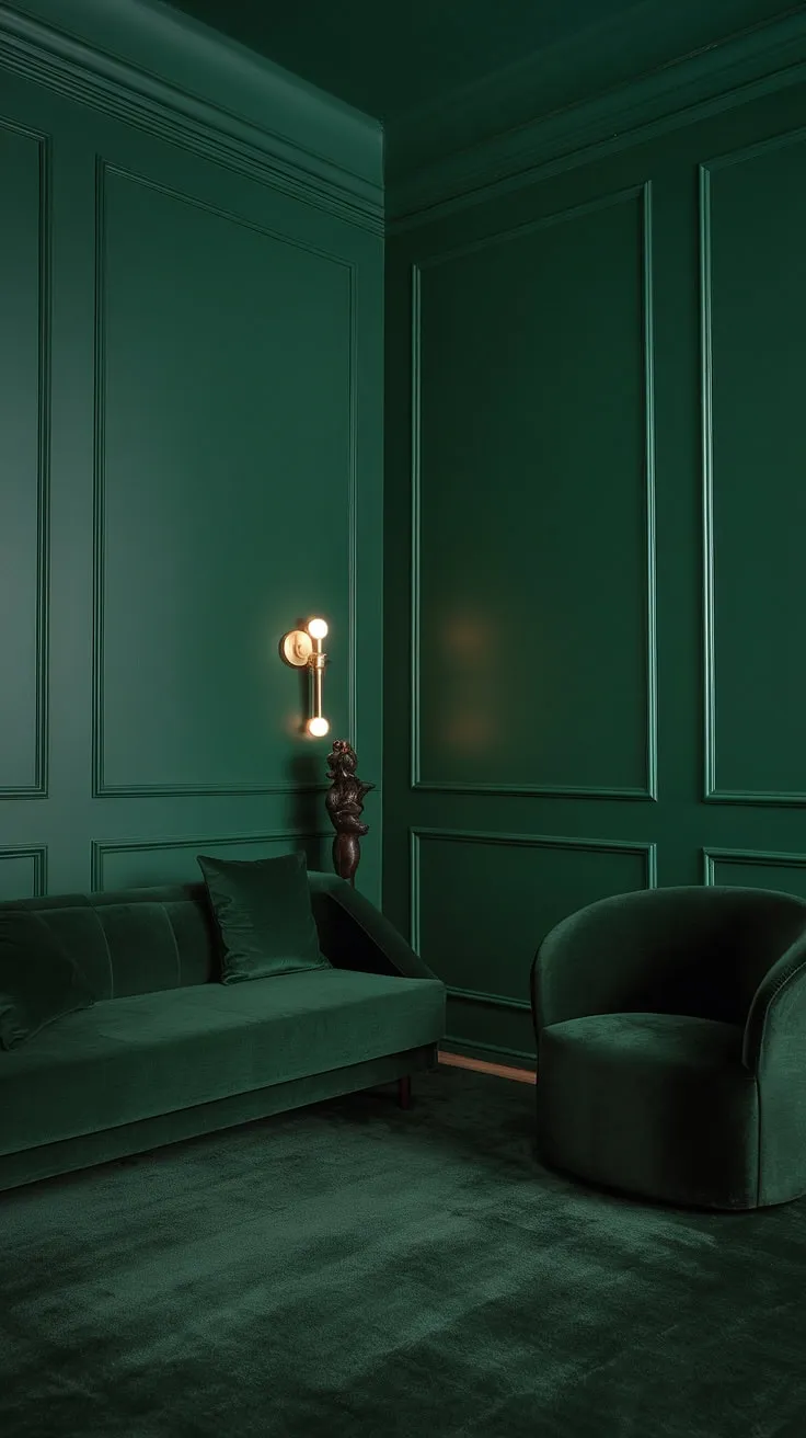 The dark forest green living room showcases a small green sofa, dark green chair, and rug, creating a cozy atmosphere with stylish decor.