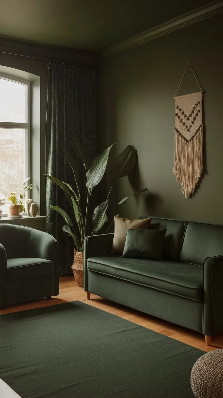 This small cozy living room features a dark forest green color scheme with dark green furniture, including a green accent couch and armchair, creating a stylish goth green atmosphere.