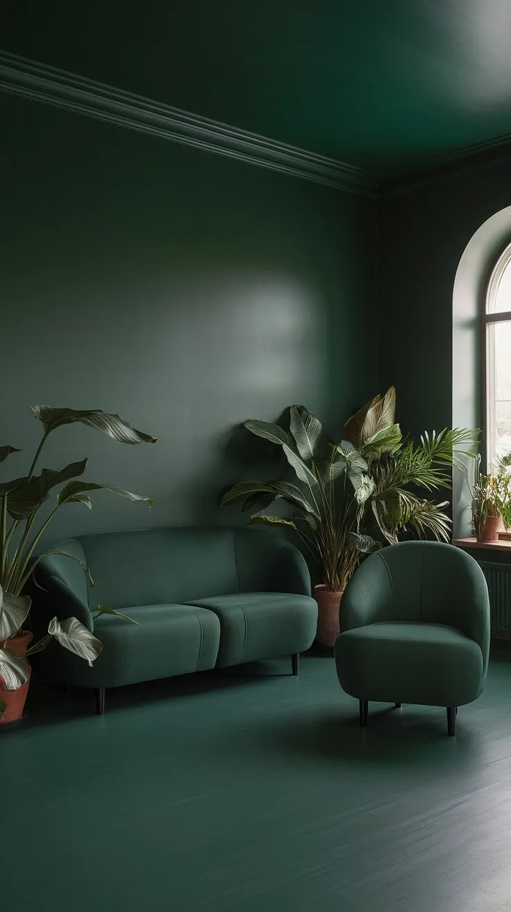 This dark green cozy living room features a dark forest green palette with matching furniture, including a green accent couch, creating a stylish goth green atmosphere.