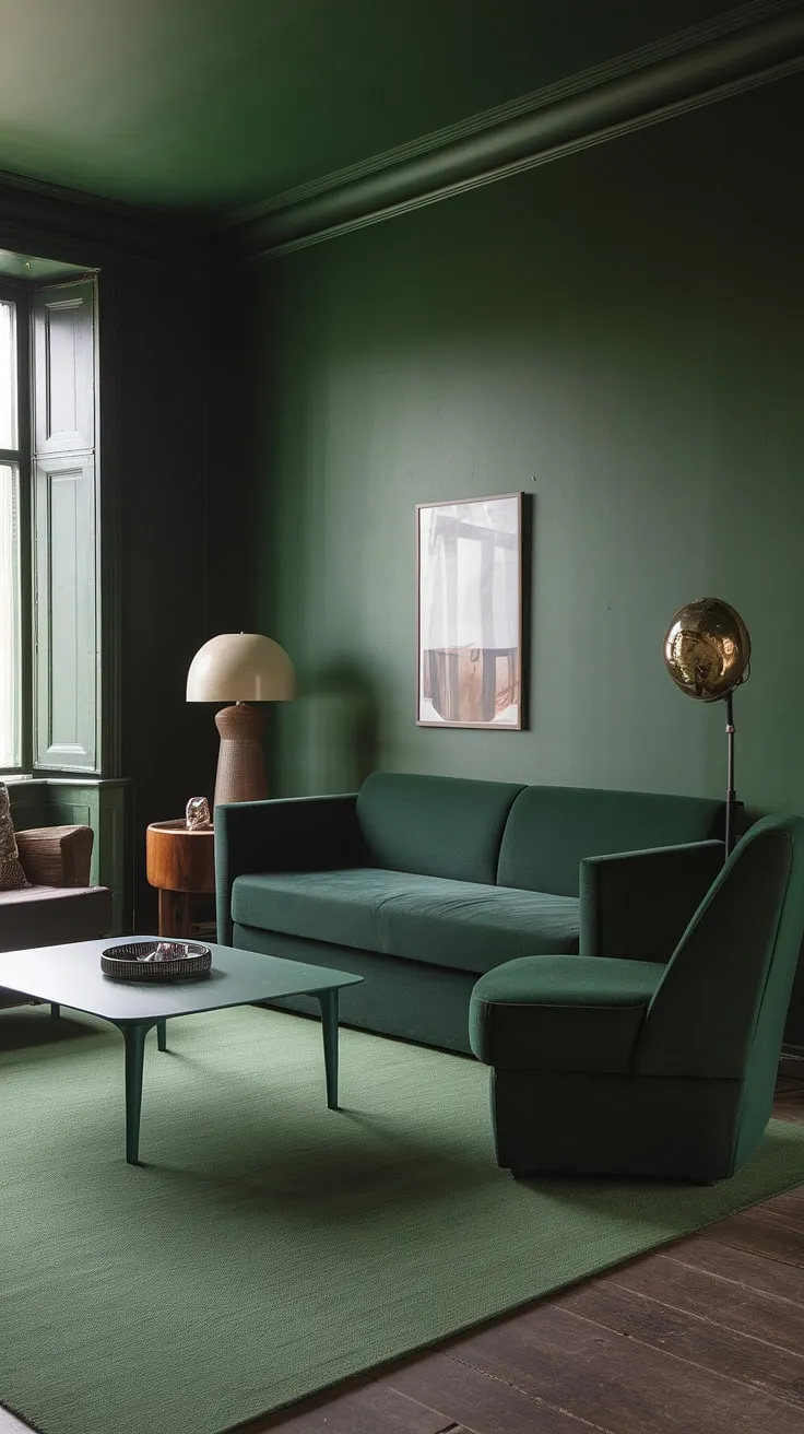 The dark green small living room is enhanced by a green accent couch and furniture, creating a goth green vibe that feels inviting and warm.