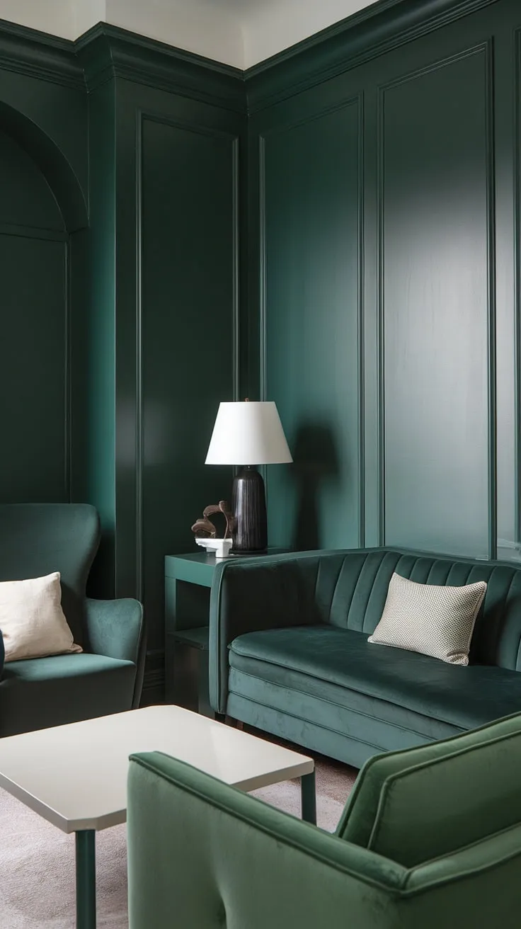 This dark green cozy living room features a dark green sofa, a green accent couch, and matching furniture that creates a stylish goth green aesthetic.