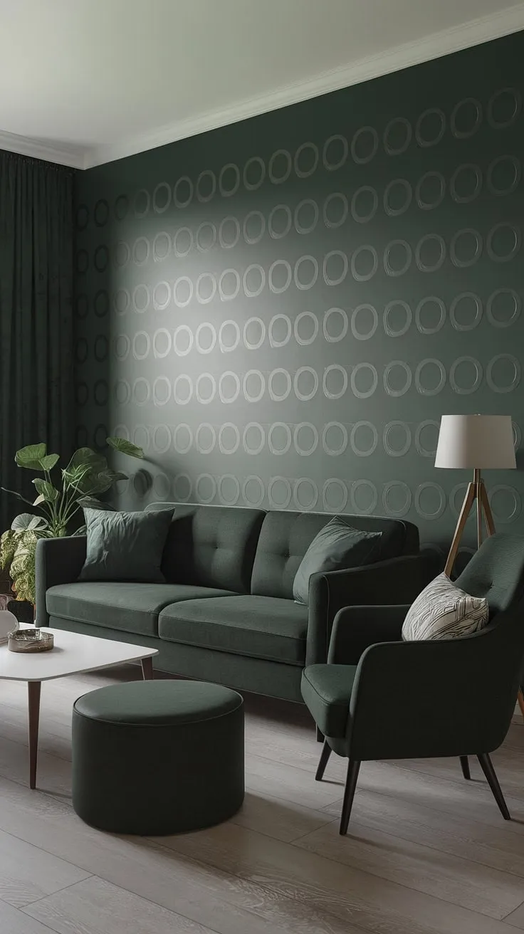 This dark green cozy living room features a dark forest green couch, chair, and ottoman, complemented by a patterned green accent wall and light grey wood flooring.