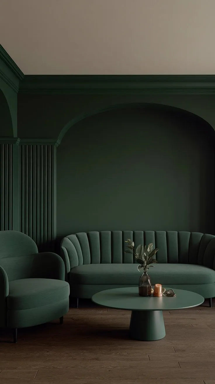This dark green living room features a dark forest green accent couch and matching furniture, creating a cozy goth-inspired space with a warm atmosphere.