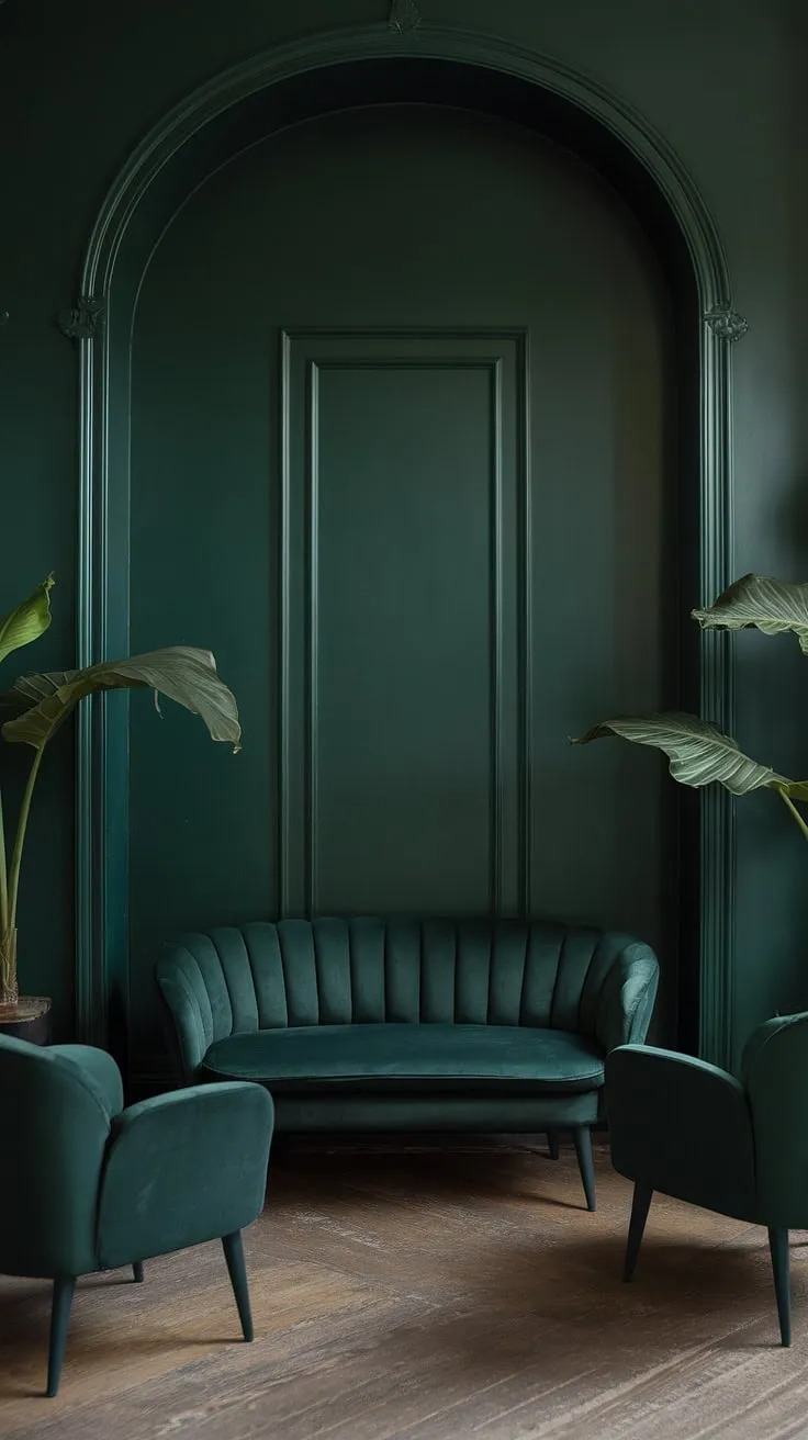 A cozy dark green living room adorned with dark forest green hues and a green accent couch creates a rustic goth atmosphere.