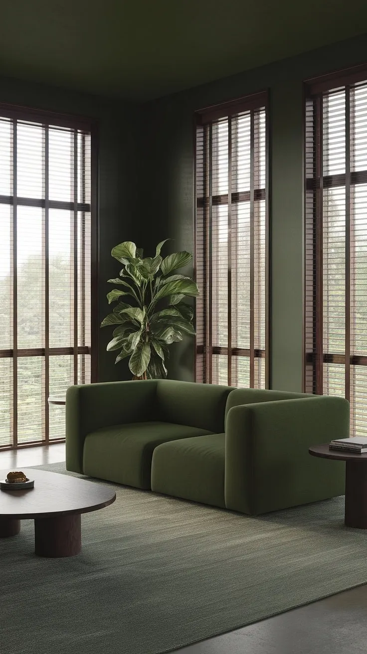 The dark forest green living room, adorned with a green accent couch and simple furniture, exudes a warm and inviting vibe through its soft lighting and natural elements.