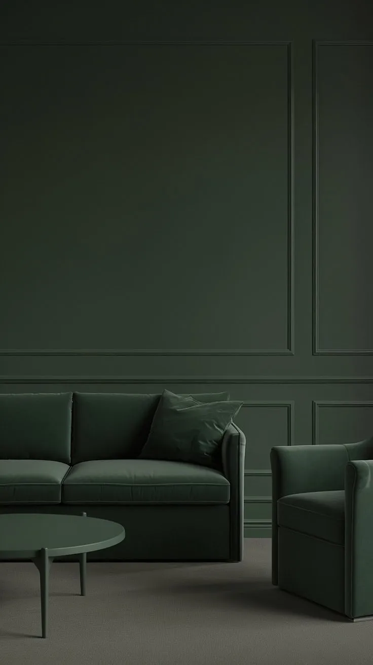 The dark green small living room showcases a forest green accent couch and dark green furniture, exuding a goth vibe with its cozy ambiance.