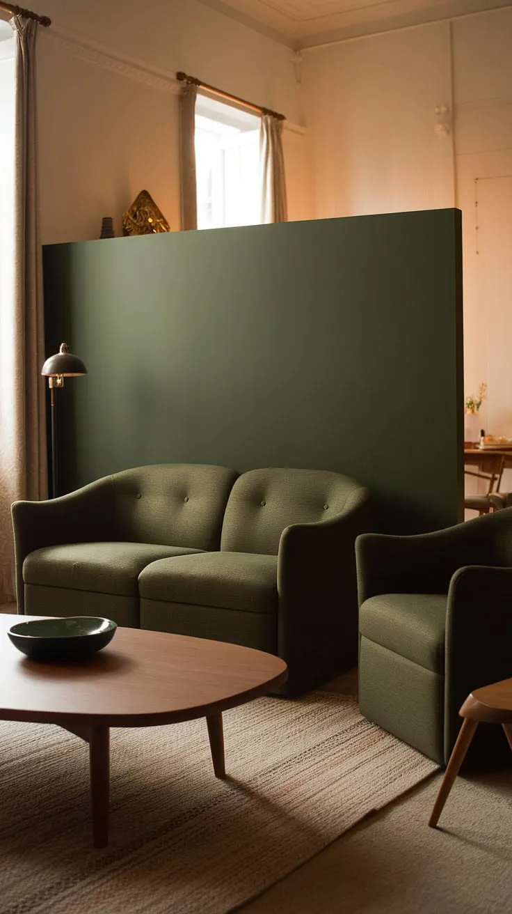 This dark green living room features a cozy dark forest green couch and matching armchair, complemented by dark green living room furniture and a green accent wall that enhances its inviting atmosphere.