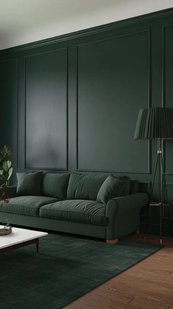The small dark green living room is enhanced by a green accent couch, a dark green area rug, and elegant white accents, perfect for a cozy retreat.